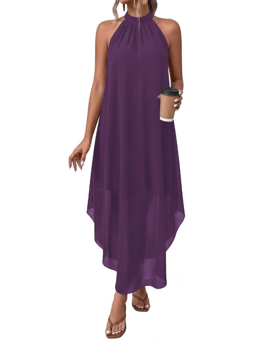 Women's Purple Summer Long Flowy Wedding Guest Halter Pockets Maxi Party Dresses